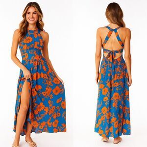 Anthropology ABEL THE LABEL Charlotte Floral Boho Halter Blue Long Maxi Dress L